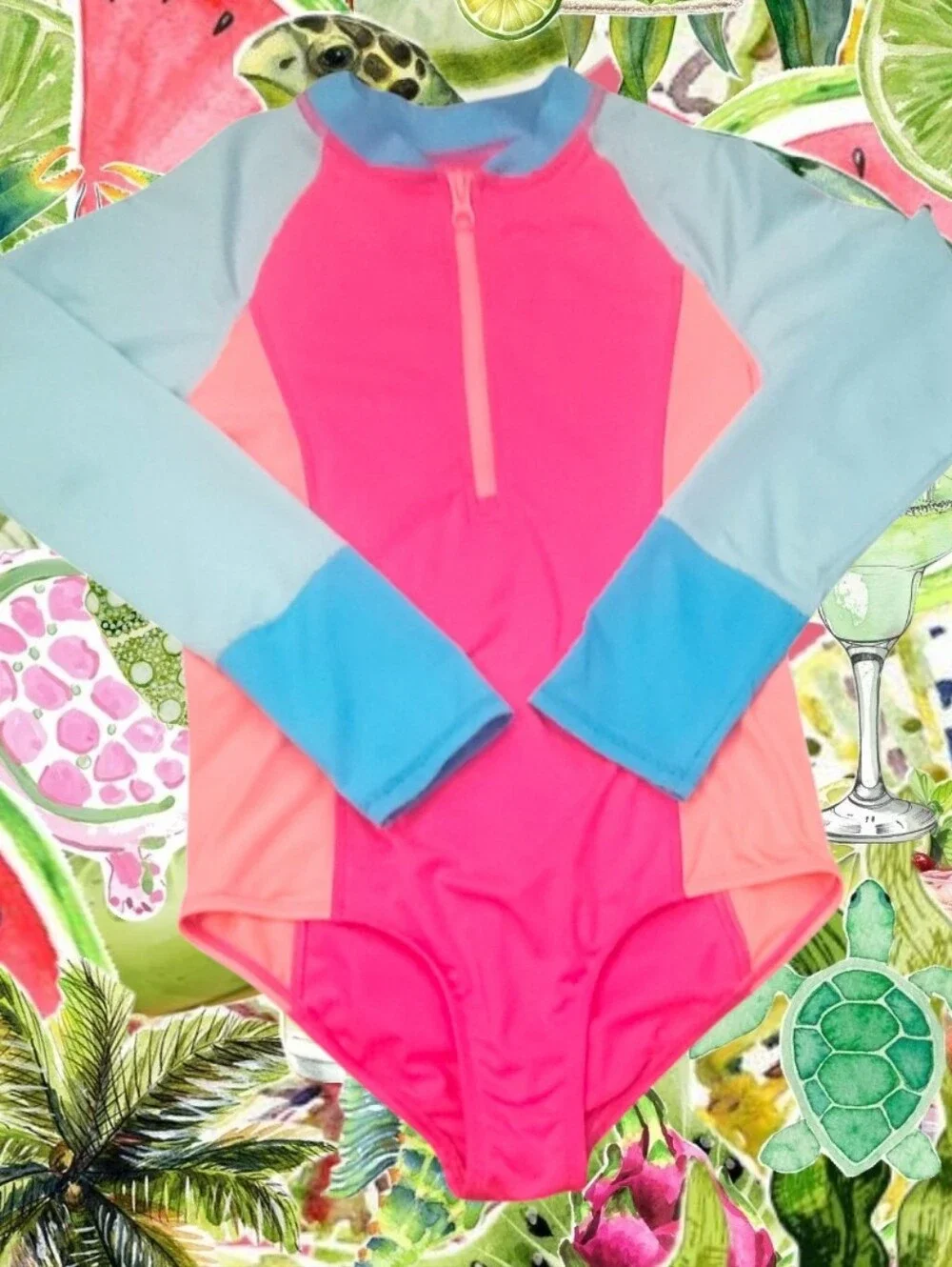 Land' End Girl's Long Sleeve Half-zip Rash-Guard One-piece Swimsuit